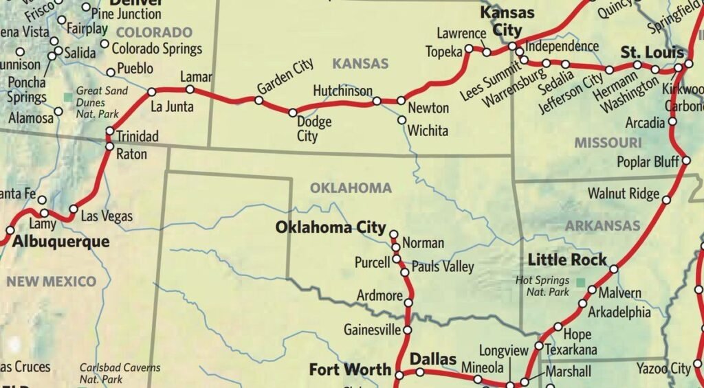 Detailed Heartland Flyer Train Route Map