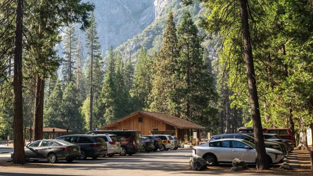 Parking at the Yosemite National Park Yosemite Valley Lodge Station.