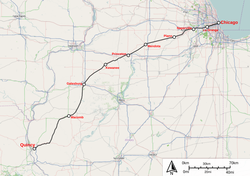 Illinois Zephyr and Carl Sandburg Train Route Map
