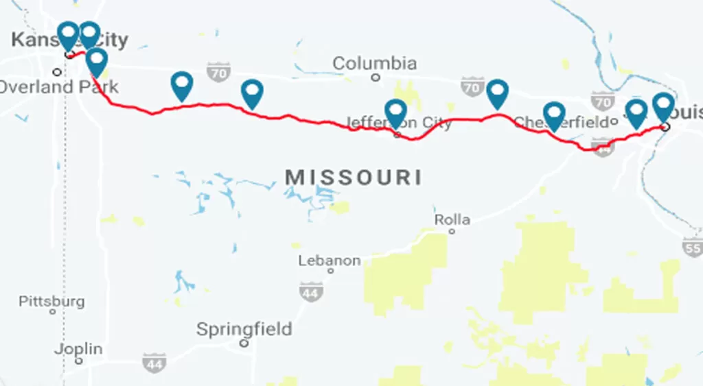 Detailed Missouri River Runner Train’s Route Map
